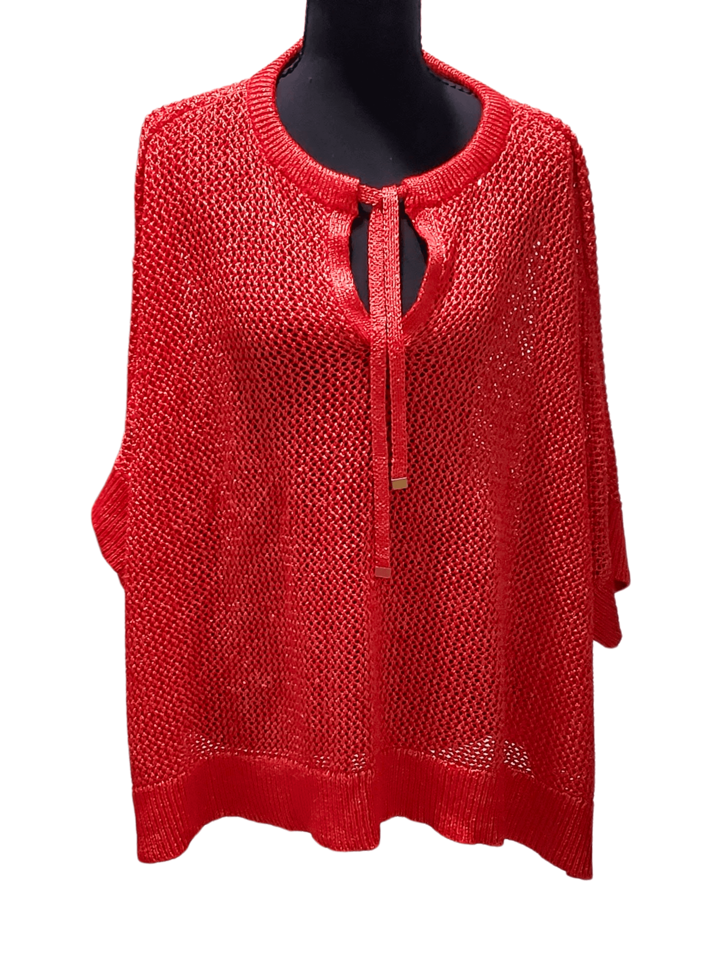 Chicos , Chicos — Chicos Bright Red open knit / crochet l3/4 sleeve. Size 3 or large, excellent